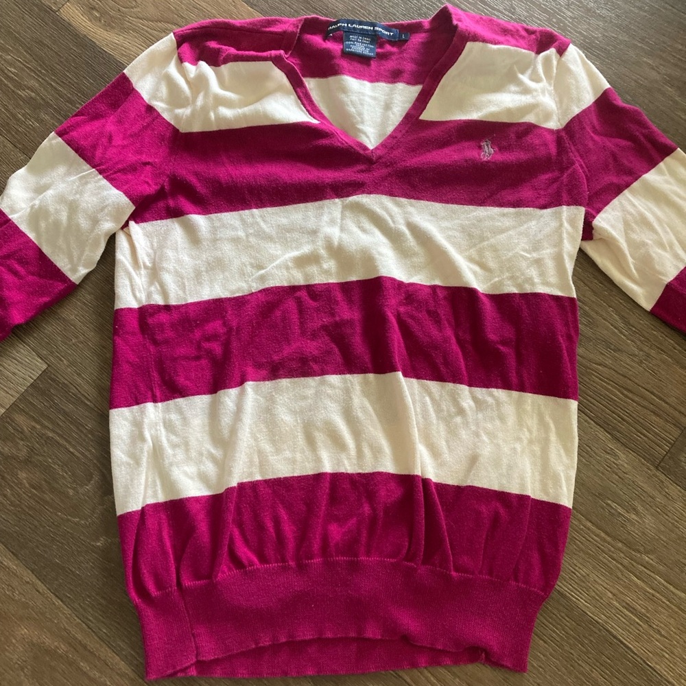 Polo by Ralph Lauren Pink and Cream V-Neck Sweater